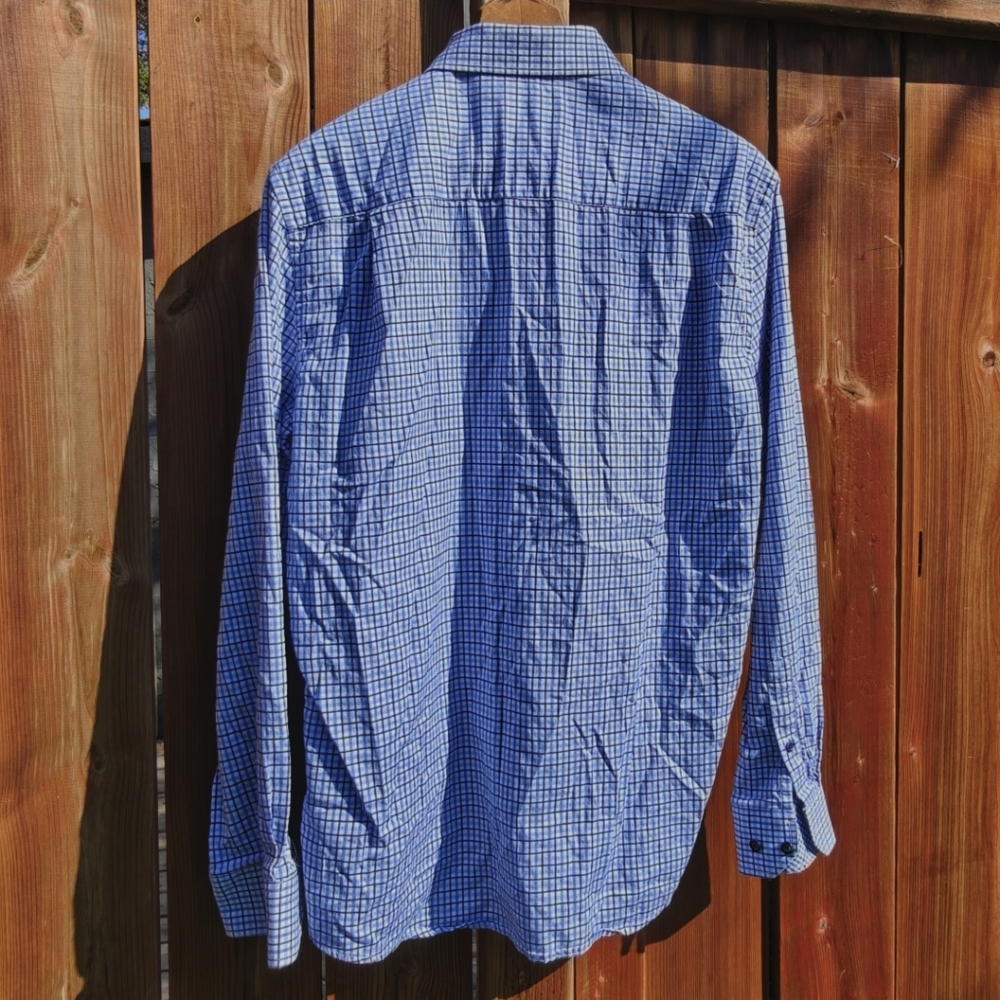 Duchamp London Blue and White Plaid Long Sleeved Tailored Fit Men's Shirt. - Picture 2 of 5